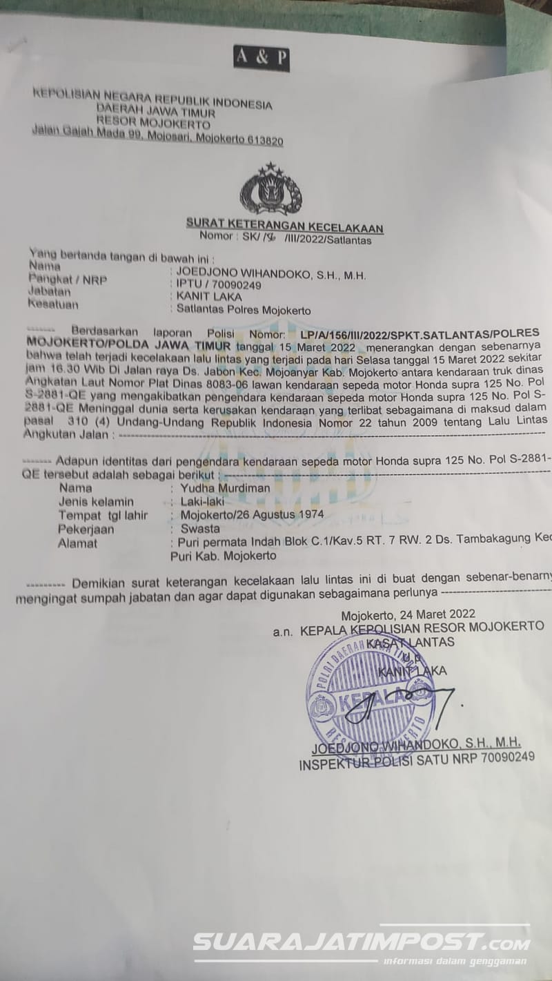 Pelaku Tidak Ditahan, Pengacara Korban Tabrak Lari Oknum TNI AL di Mojokerto Kecewa